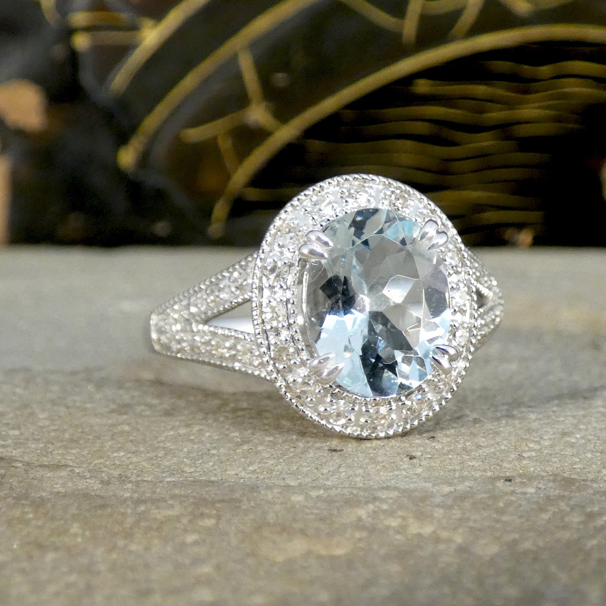 Aquamarine and Diamond Cluster Ring with Diamond Split Shoulder in White Gold - Wharfedale Antiques