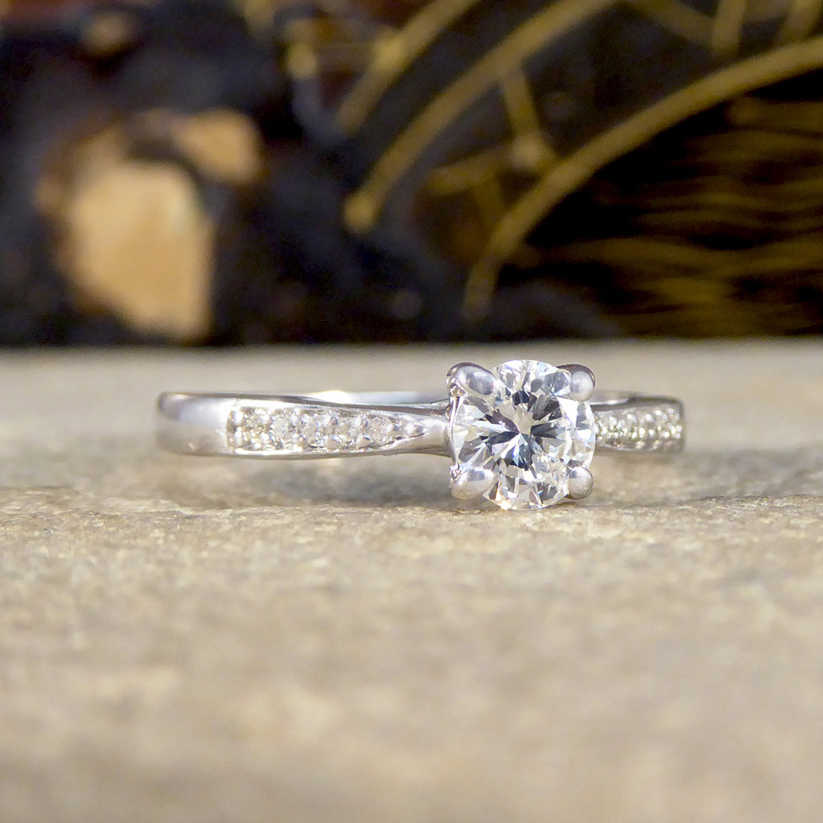 Classic Diamond Solitaire Engagement Ring with Diamond Shoulders in 18ct White Gold - Wharfedale Antiques