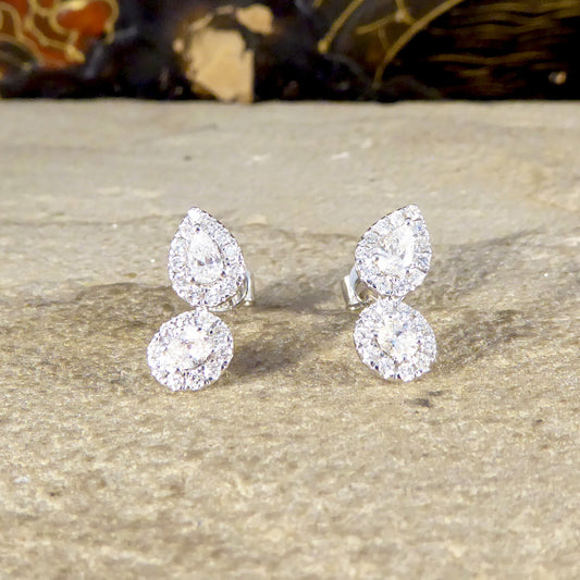 Diamond Pear and Oval Double Cluster Stud Earrings in 18ct White Gold - Wharfedale Antiques