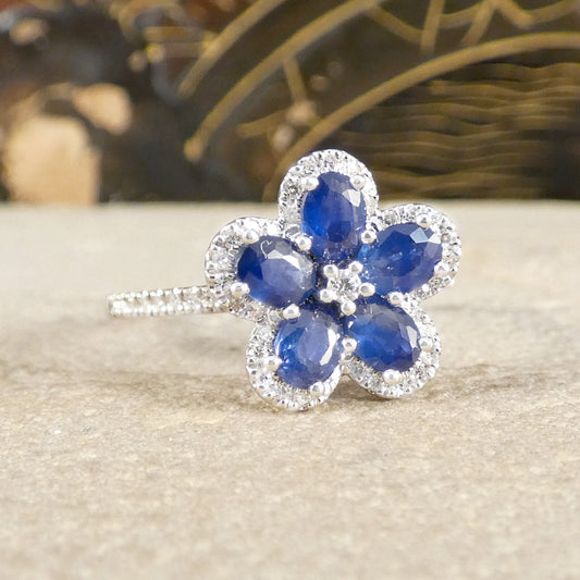 Sapphire and Diamond flower cluster ring in 18ct white gold