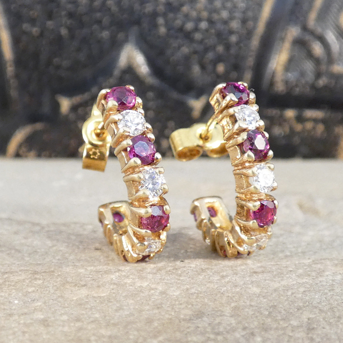 Ruby and Diamond Huggie Earrings in Yellow Gold