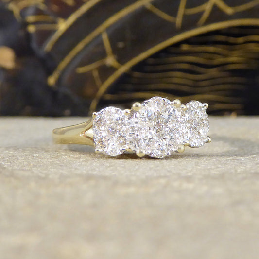 Oval Cut Diamond Three Stone Illusion Cluster Ring in Yellow Gold - Wharfedale Antiques