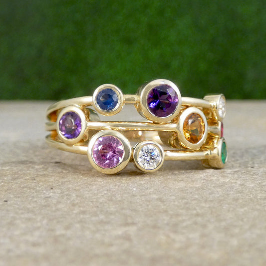 Multi Gem set bubble ring in yellow gold full of colour 