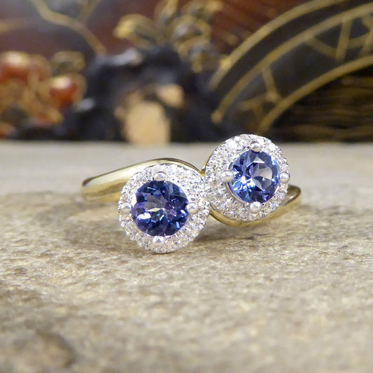 Edwardian Style Tanzanite and Diamond Cluster Toi Et Moi Twist Ring in Yellow and White Gold - Wharfedale Antiques