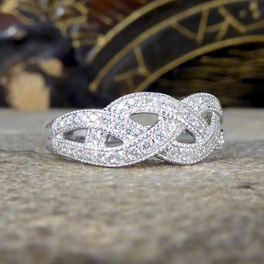 Diamond Set Milgrain Plait Half Eternity Ring in White Gold - Wharfedale Antiques