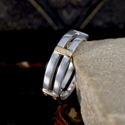 Brown and Newirth Two Tone Diamond Set Bar Band Ring in 18ct Gold - Wharfedale Antiques