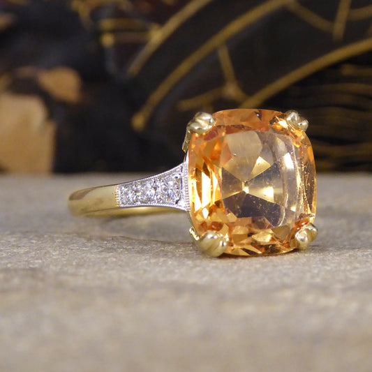 5.12ct Imperial Topaz Ring with Diamond Set Tapered Shoulders in 18ct Yellow Gold - Wharfedale Antiques