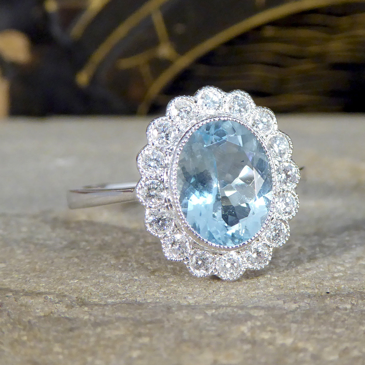 Vintage style 1.69ct Aquamarine and Diamond Cluster Ring in 18ct White Gold