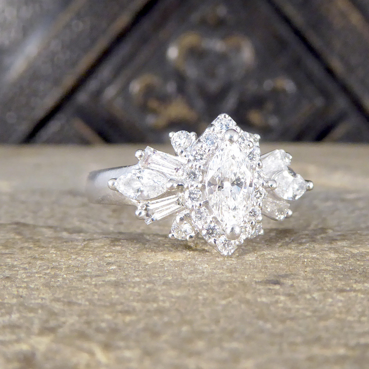 Contemporary 1.00ct Diamond Marquise Cluster Dress Ring in Platinum - Wharfedale Antiques