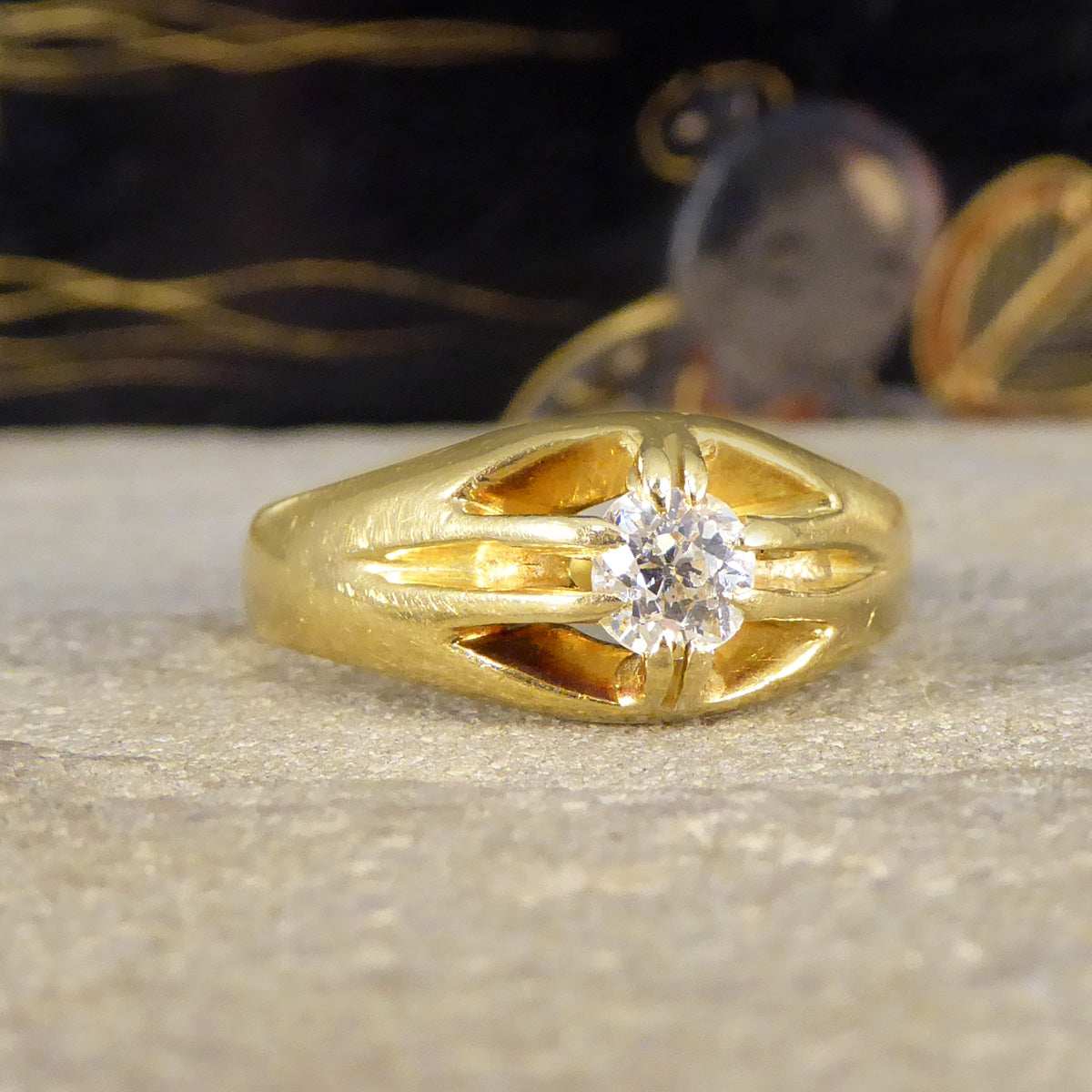 Late Victorian Old Cushion Cut Diamond Belcher Set Ring in 18ct Yellow Gold