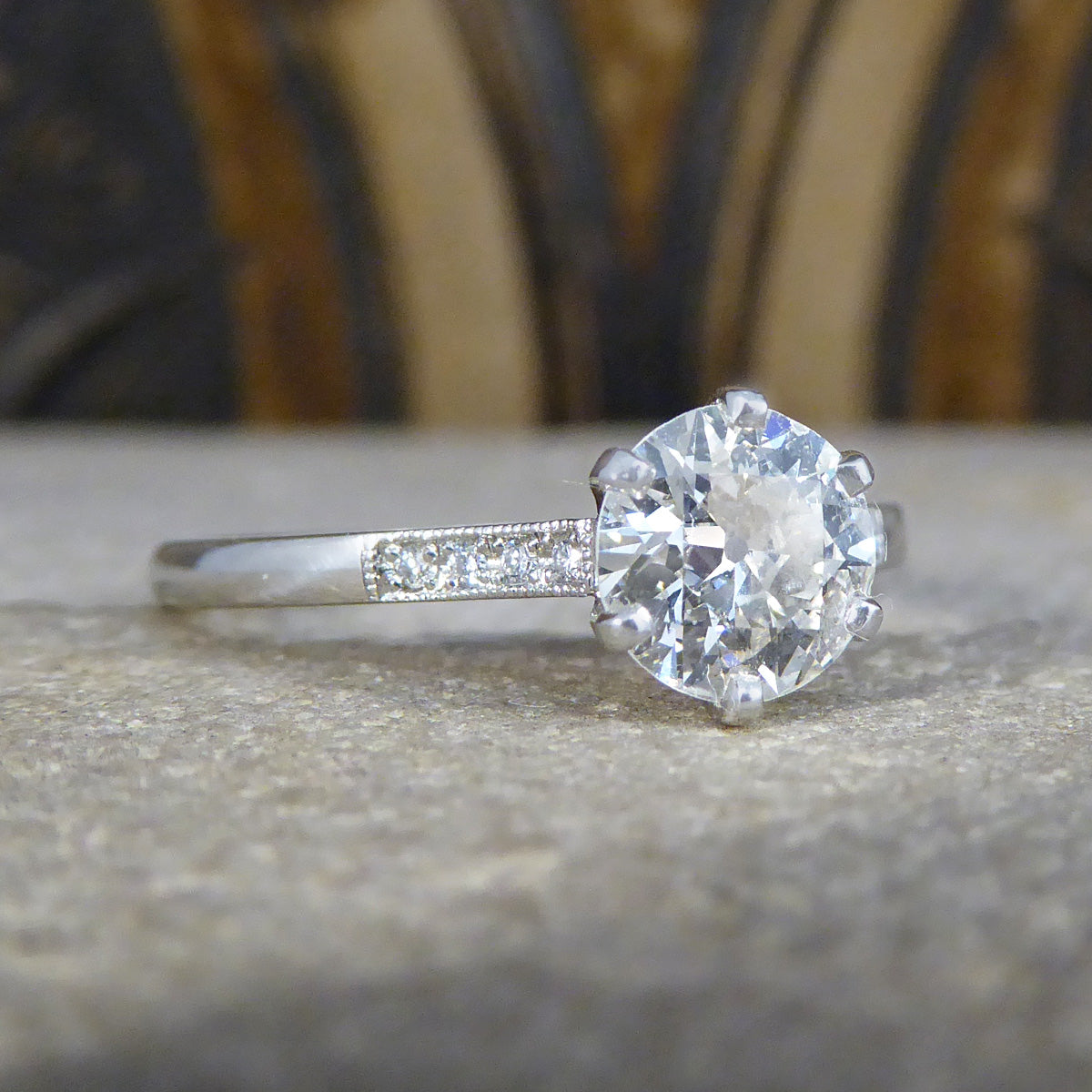 0.82ct Old European Cut Diamond Solitaire with Diamond Shoulders in Platinum - Wharfedale Antiques