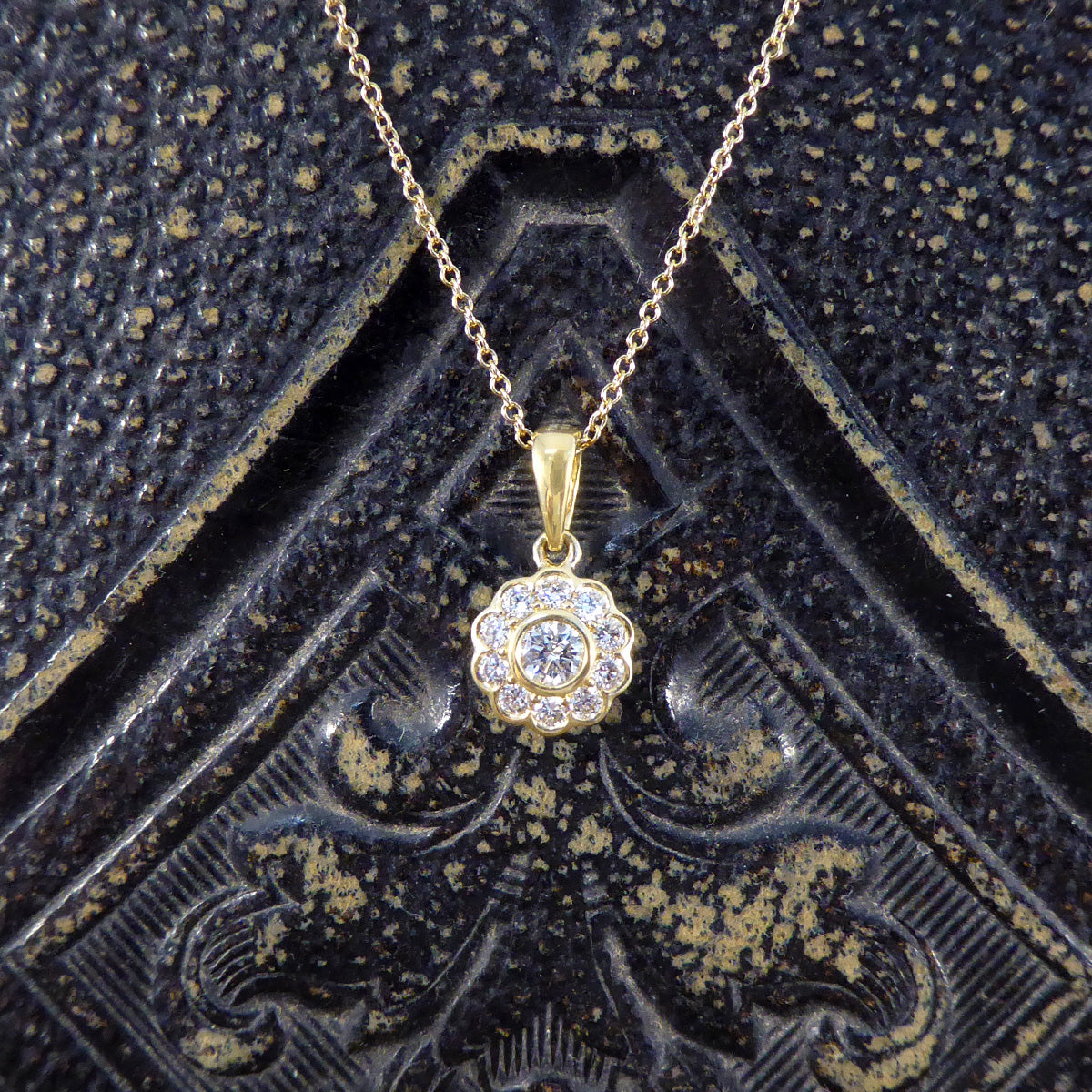 Diamond Flower Cluster Pendant Necklace in 18ct Yellow Gold - Wharfedale Antiques