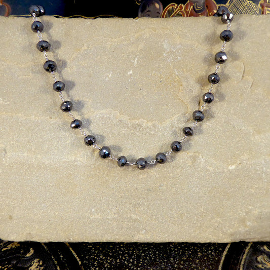 Vintage Black Diamond Long Link Necklace with 18ct White Gold and Diamond Clasp - Wharfedale Antiques