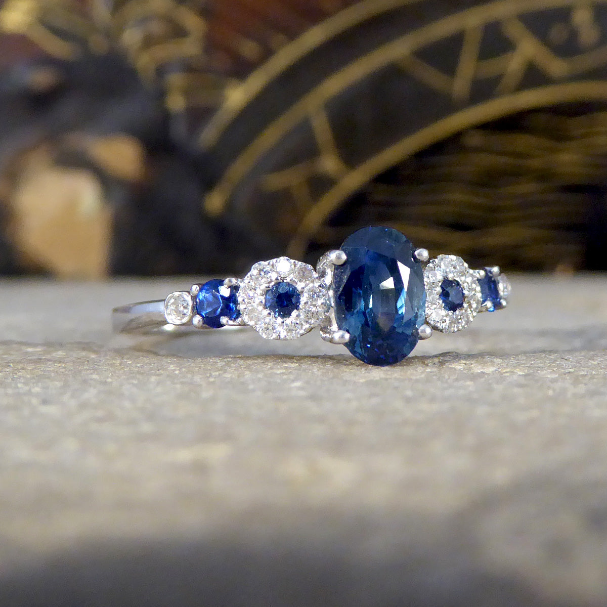 Unique Geometric Sapphire and Diamond Ring in 18ct White Gold - Wharfedale Antiques