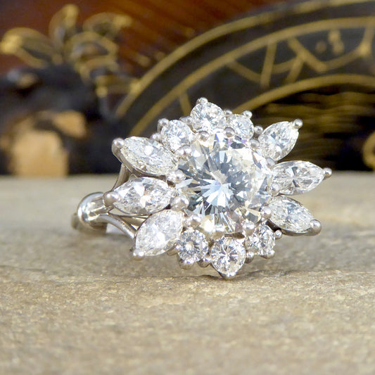 3.28ct Diamond Flower Burst Cluster Ring in 18ct White Gold - Wharfedale Antiques