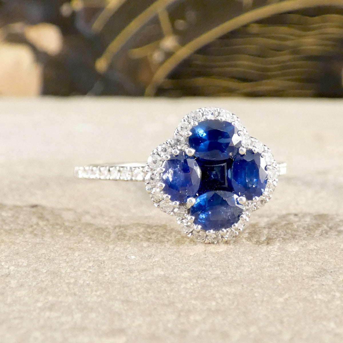 Sapphire and Diamond Shamrock Ring in 18ct White Gold