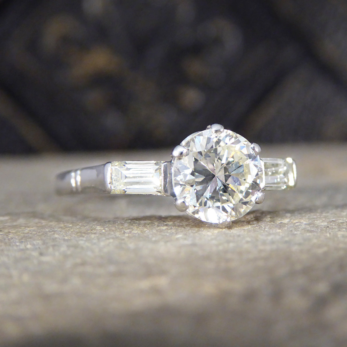 Art Deco 1.20ct Diamond Solitaire Engagement Ring with Baguette Cut Shoulders in Platinum - Wharfedale Antiques