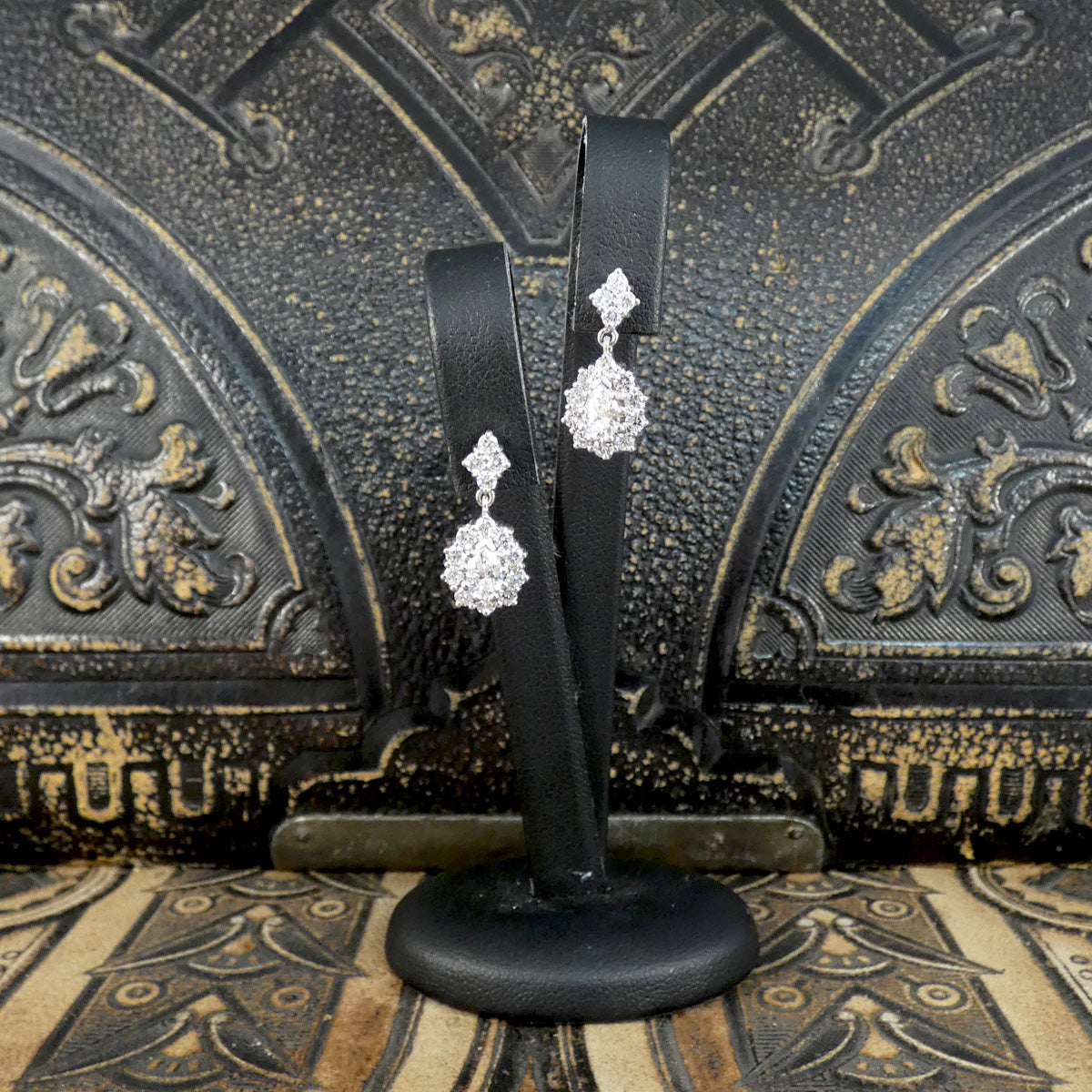 1.40ct Diamond Pear Cut Cluster Drop Earrings in 18ct White Gold - Wharfedale Antiques