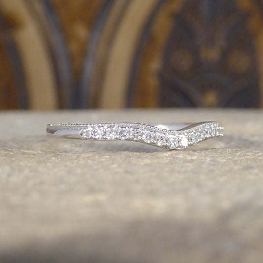 Diamond Set Fine Curved Wishbone Ring in 18ct White Gold - Wharfedale Antiques