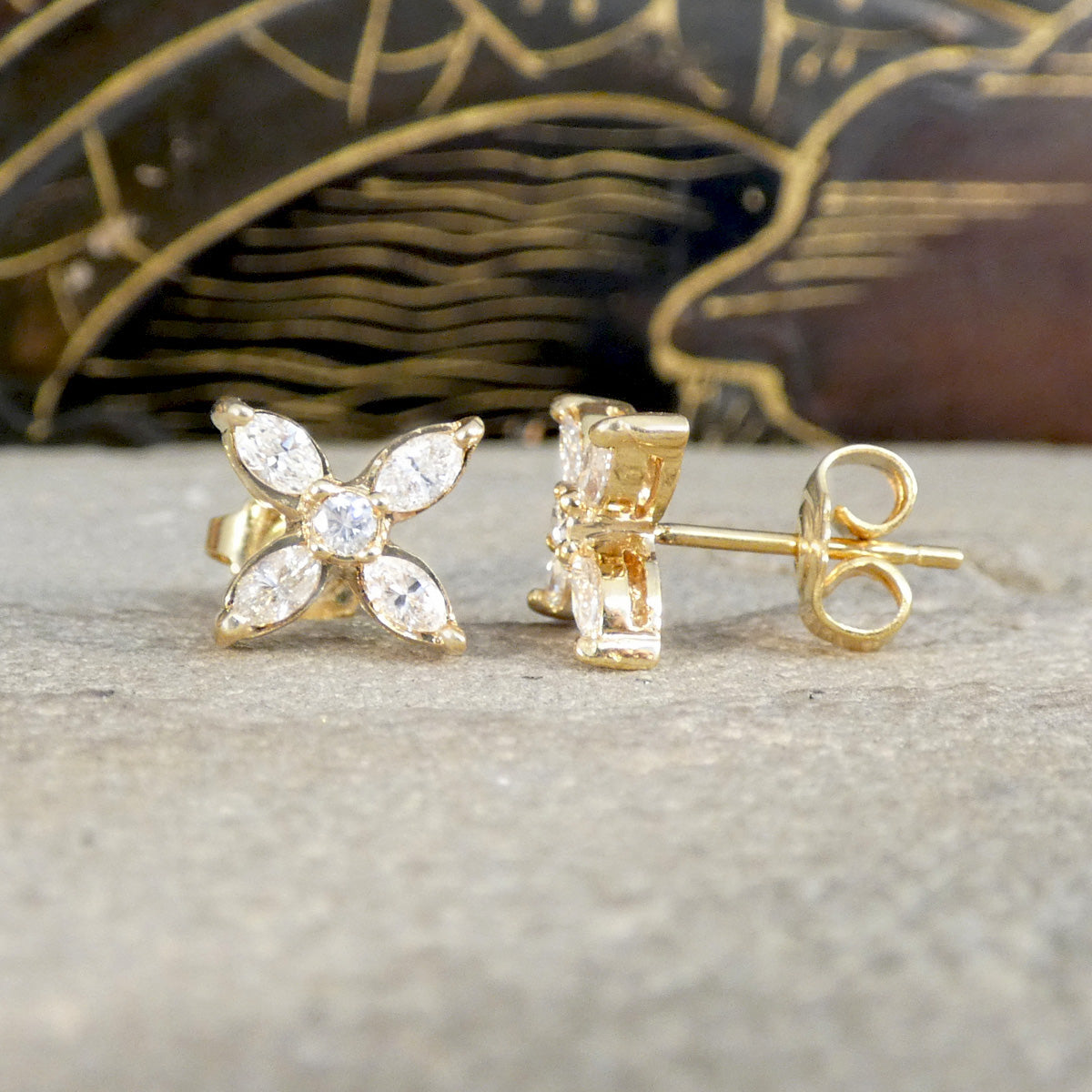 Marquise Diamond Set Cross Stud Earrings in 18ct Yellow Gold - Wharfedale Antiques