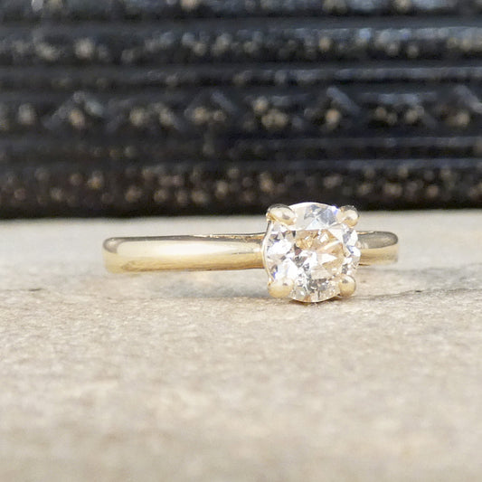 Old European Cut Diamond Solitaire Engagement Ring in Yellow Gold in a classic four claw setting.