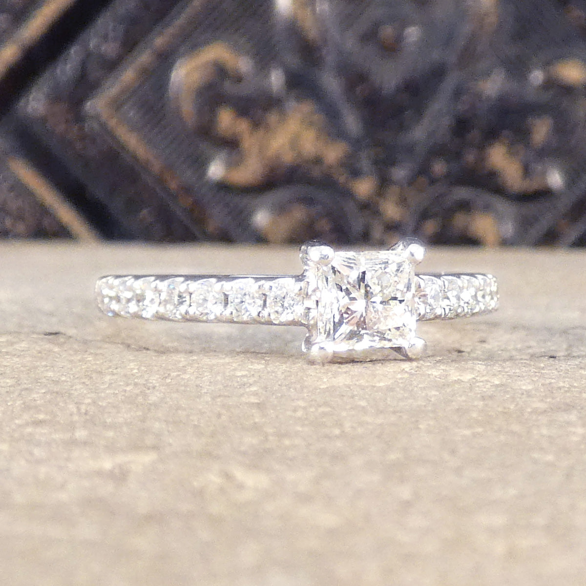 Princess Cut Diamond Solitaire Engagement Ring with Diamond Set Shoulders in Platinum - Wharfedale Antiques