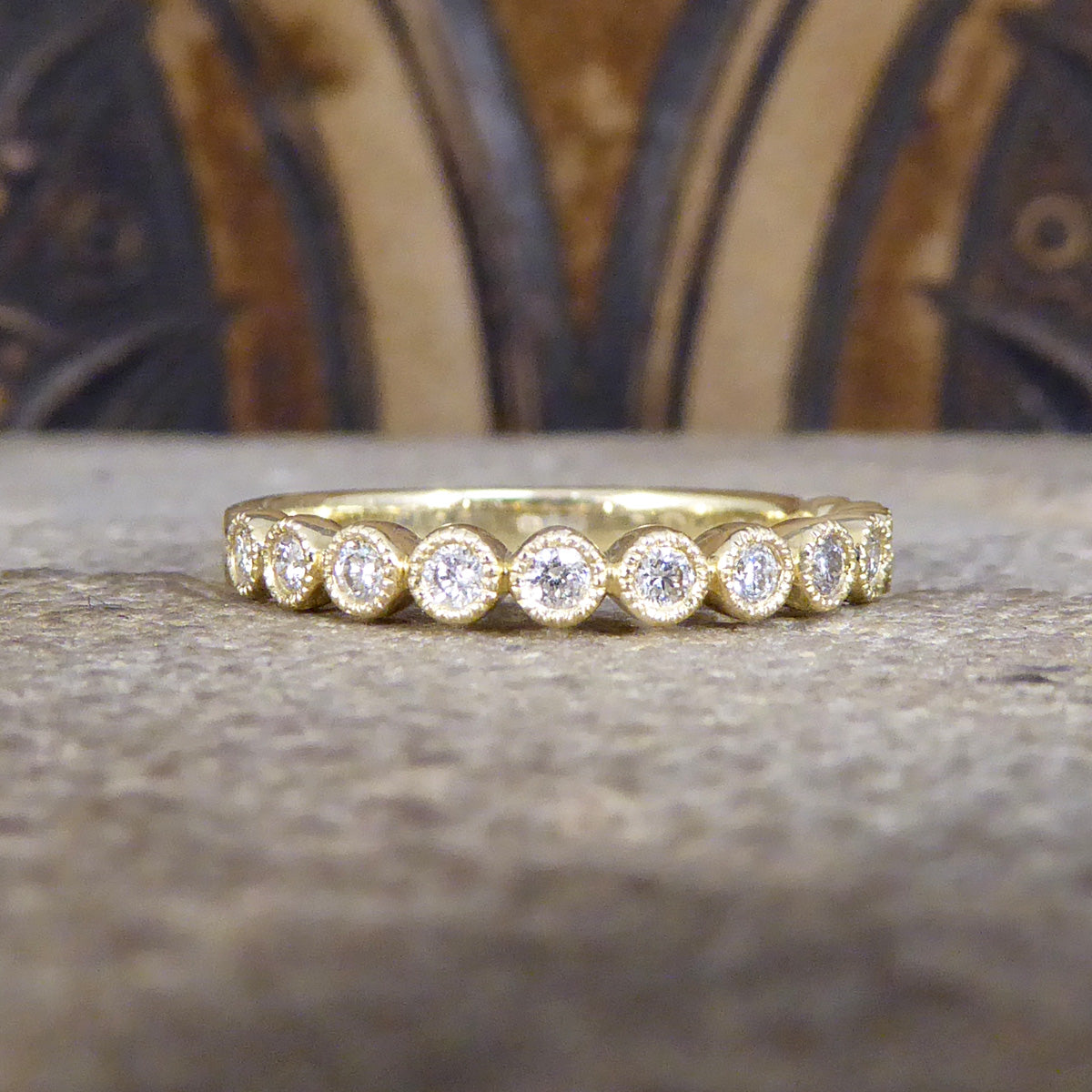 Diamond Half Eternity Ring in Circular Style Rub Over Collar Set Yellow Gold