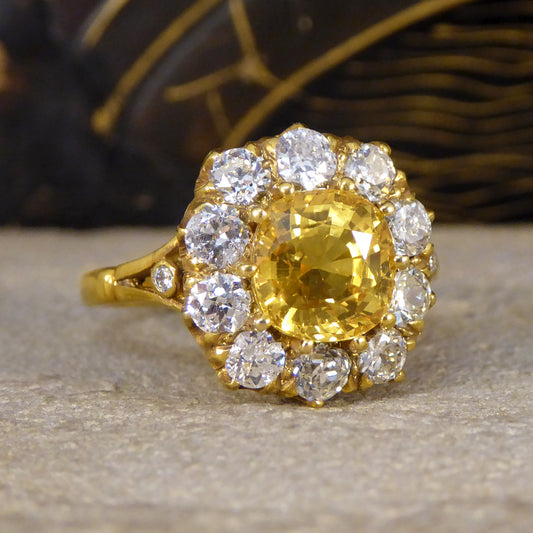 Antique Inspired 2.60ct Yellow Sapphire and Old Cut Diamond Cluster Ring in 18ct Yellow Gold - Wharfedale Antiques