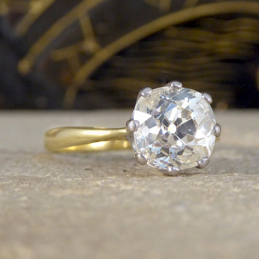 Over 2ct Old Cushion Cut Diamond Hight Set Solitaire Ring in 18ct Yellow and White Gold - Wharfedale Antiques