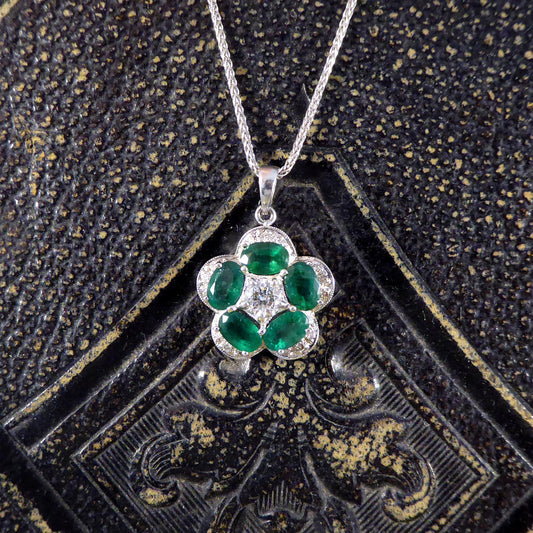 Emerald and Diamond Flower Cluster Pendant in 14ct White Gold with 18ct White Gold Chain Necklace - Wharfedale Antiques