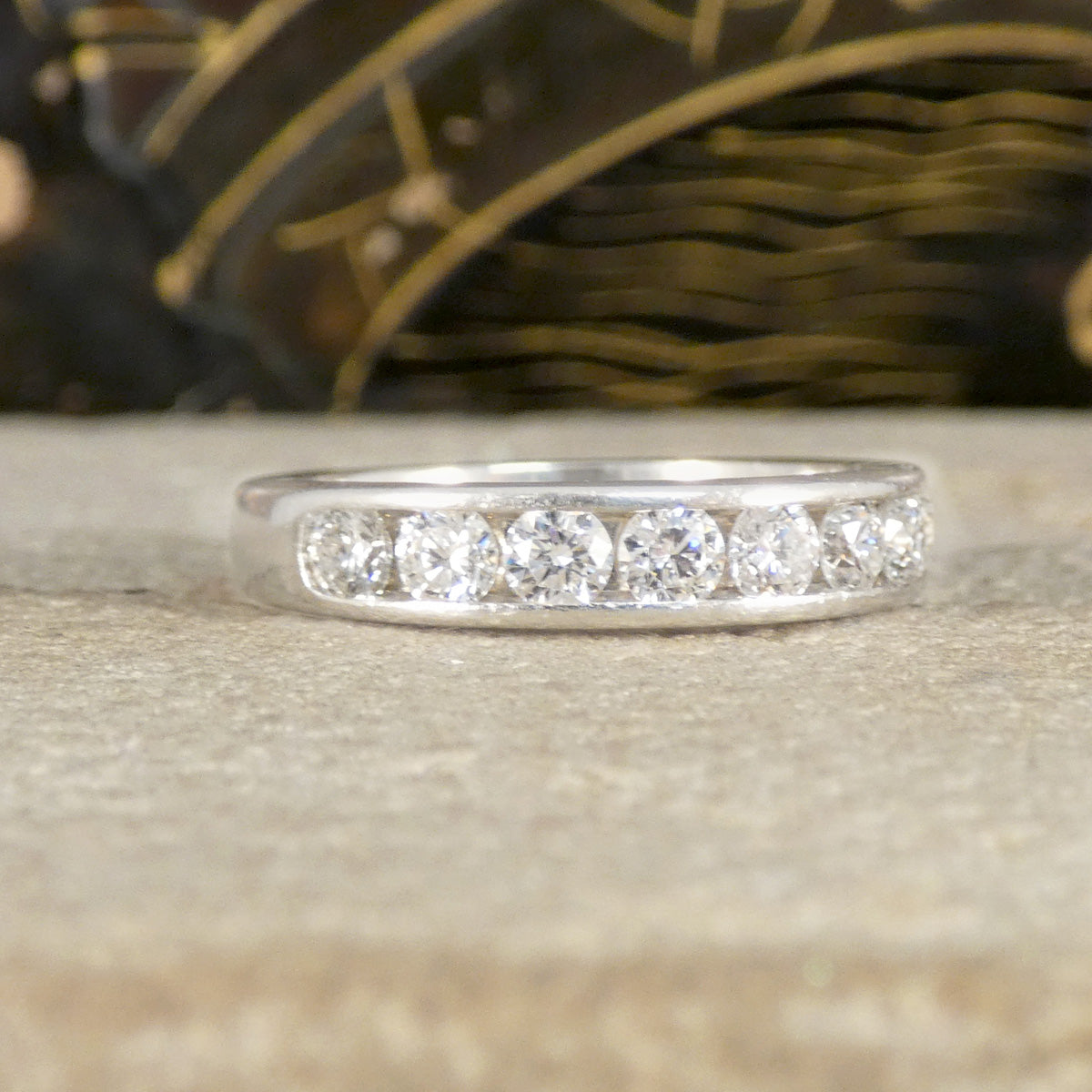 A channel set diamond ring in platinum