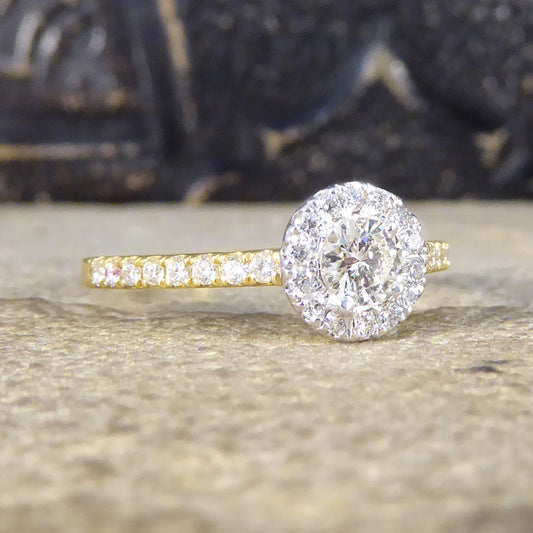 Diamond Cluster Halo Engagement Wedfit Ring with Diamond Shoulders in 18ct Yellow and White Gold - Wharfedale Antiques