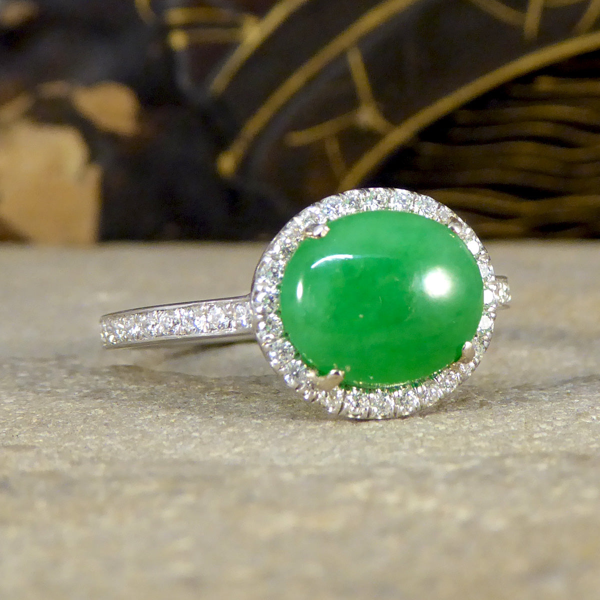 Jade and Diamond Halo Cluster ring in Platinum - Wharfedale Antiques