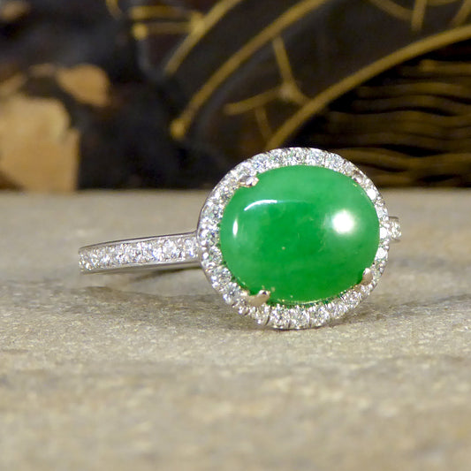 Jade and Diamond Halo Cluster ring in Platinum - Wharfedale Antiques
