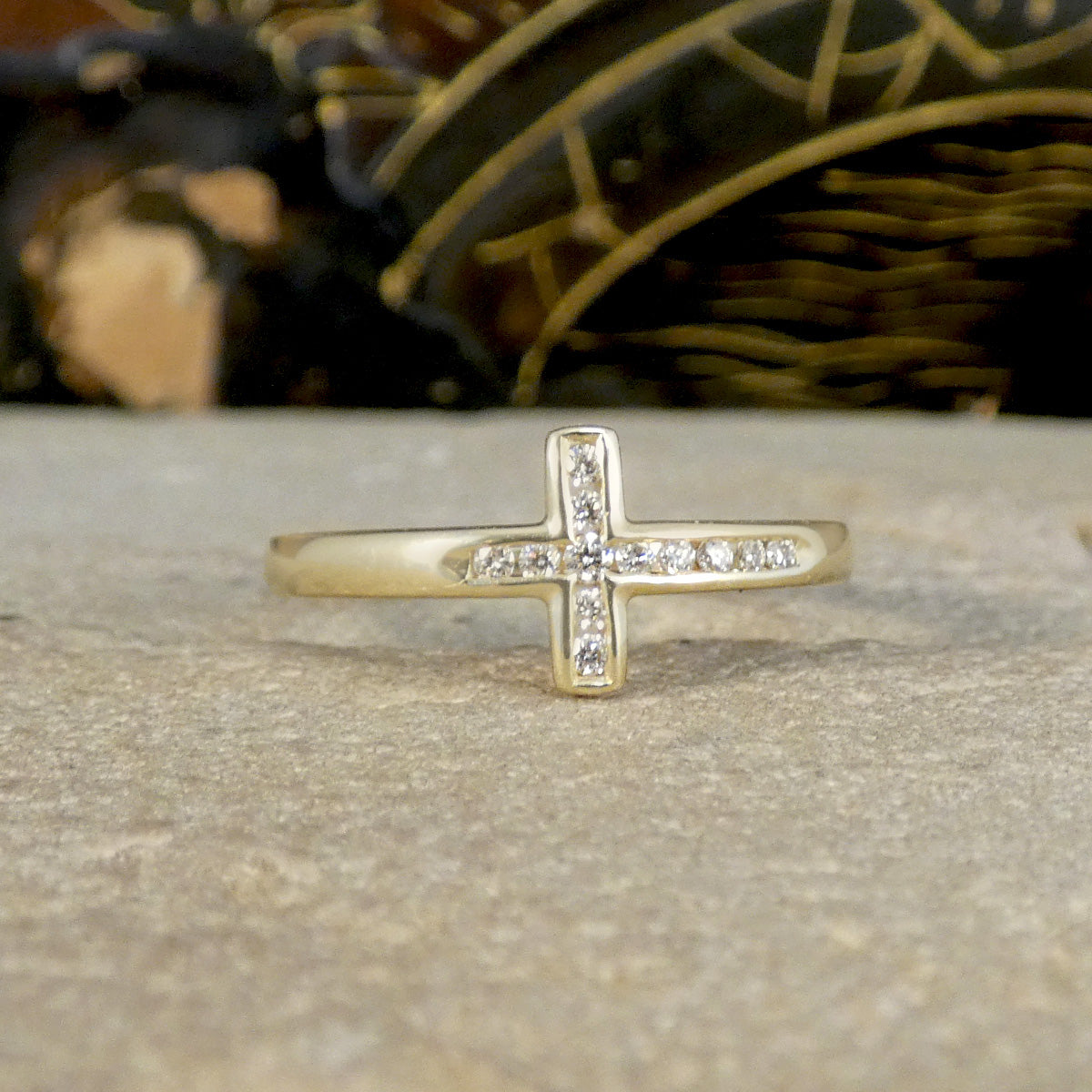 Diamond Set East West Cross Ring in Yellow Gold - Wharfedale Antiques
