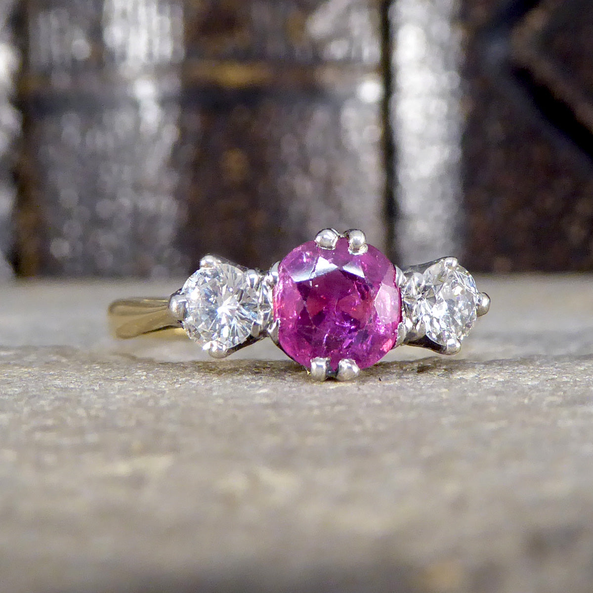 Early 20th Century Ruby and Diamond Three Stone Ring in 18ct Yellow Gold and Platinum