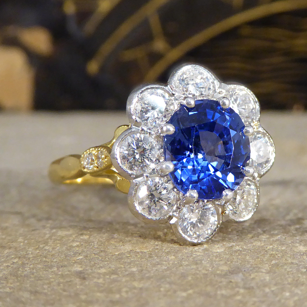 Edwardian Inspired 2.24ct Sapphire and Diamond Cluster Ring in 18ct Gold