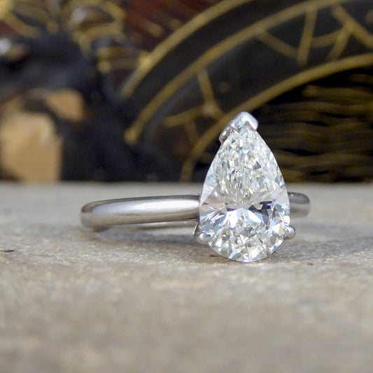 2.10ct Pear Shaped Brilliant Cut Diamond Solitaire Ring in Platinum - Wharfedale Antiques