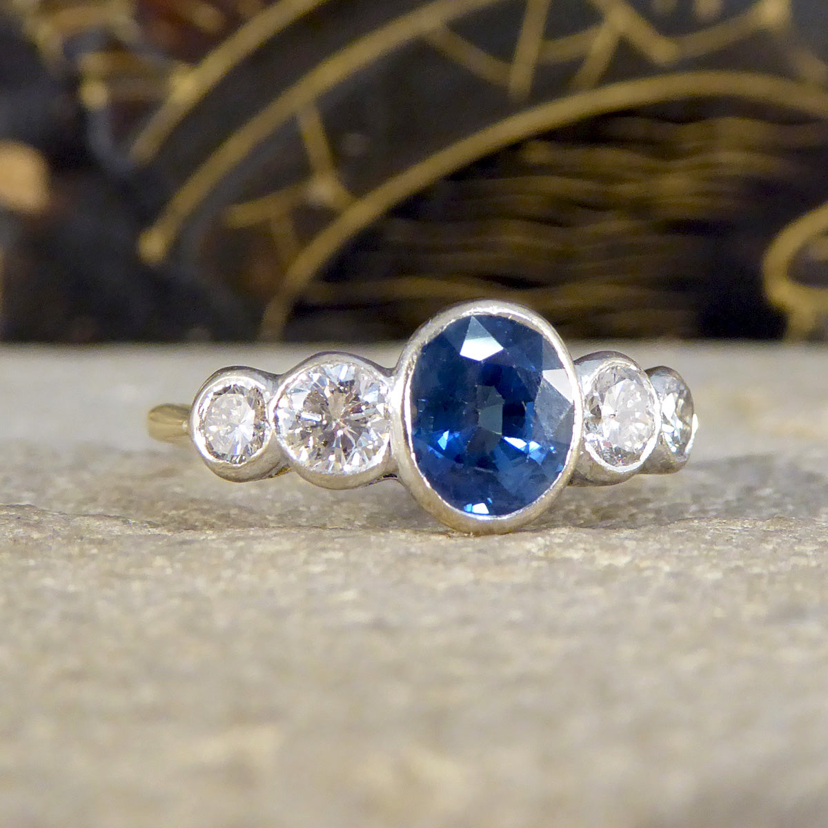 Edwardian Sapphire and Diamond Bezel Set Five Stone Ring in 18ct White and Yellow Gold - Wharfedale Antiques