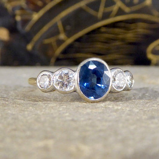 Edwardian Sapphire and Diamond Bezel Set Five Stone Ring in 18ct White and Yellow Gold - Wharfedale Antiques