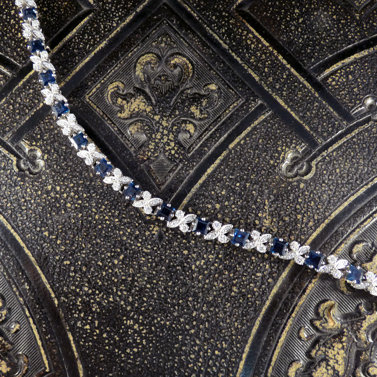Vintage Square Cut Sapphire and Diamond Line Bracelet in 18ct White Gold C1990 - Wharfedale Antiques