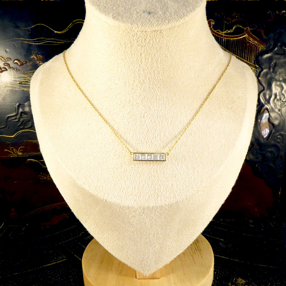 Princess Cut Diamond Bar Necklace in 18ct Yellow Gold - Wharfedale Antiques
