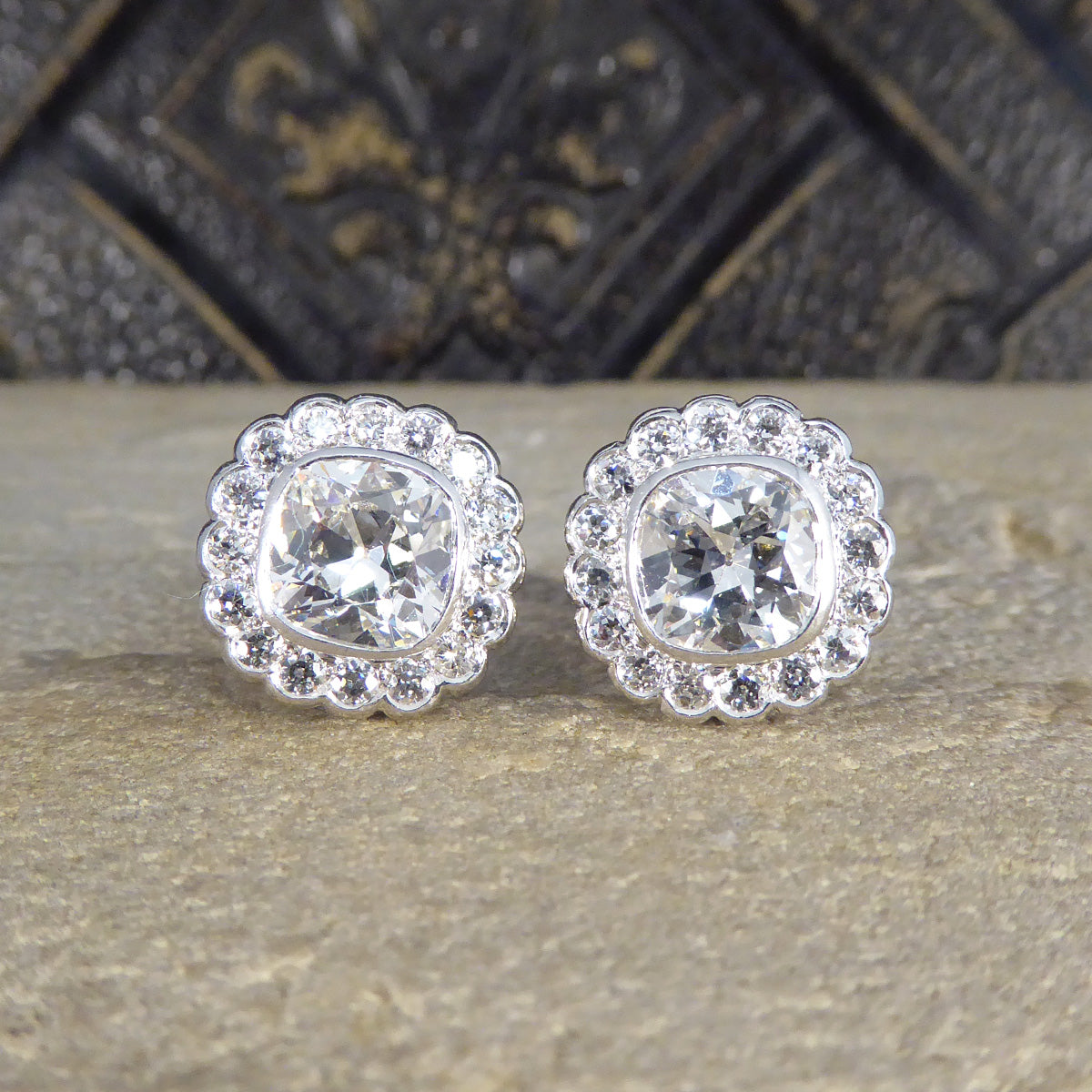 1940's Old Cushion Cut Daisy Cluster Stud Earrings in Platinum