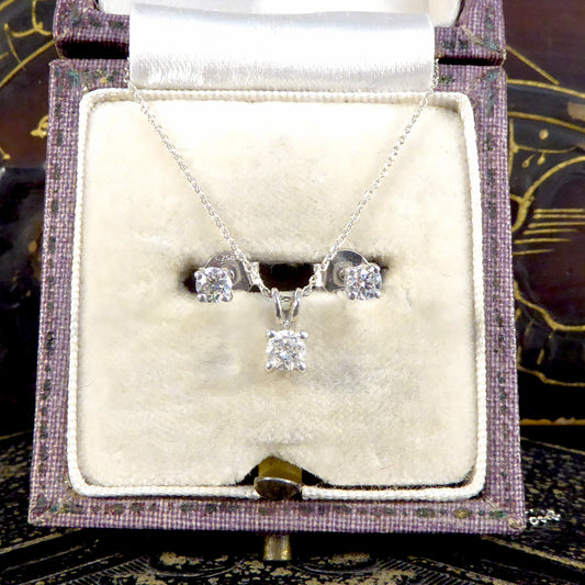 Diamond Stud Earrings and Necklace Set in White Gold - Wharfedale Antiques