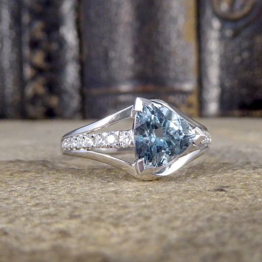 Aquamarine Trillion Cut and Diamond Set Three Strand Ring in 18ct White Gold - Wharfedale Antiques