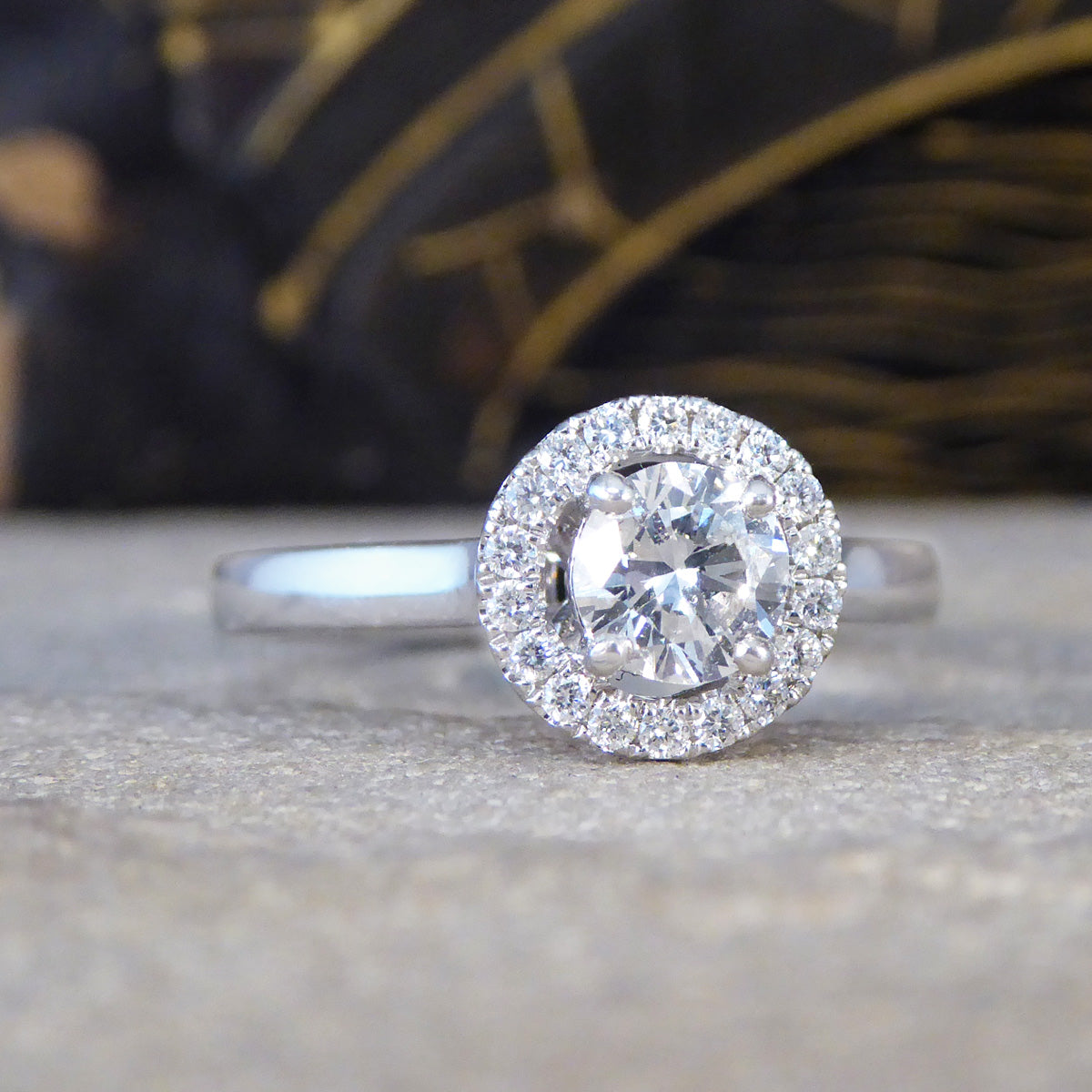 Modern Diamond Halo Cluster Wedfit Engagement Ring in Platinum - Wharfedale Antiques