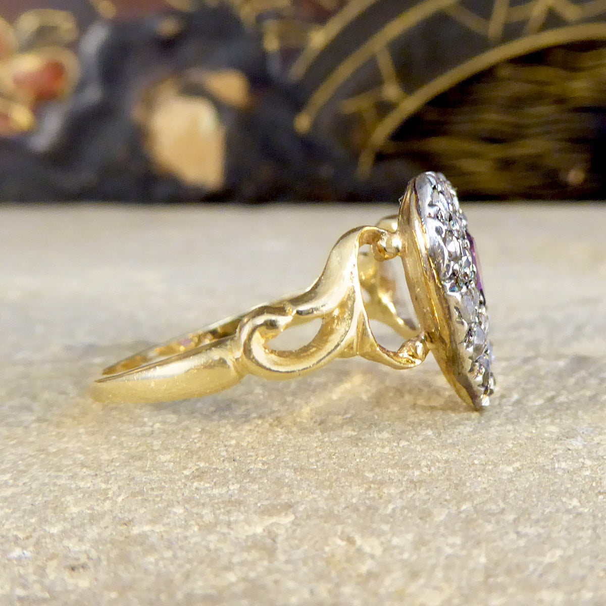 Early Victorian Style Amethyst and Rose Cut Diamond Heart Ring in 18ct Gold - Wharfedale Antiques