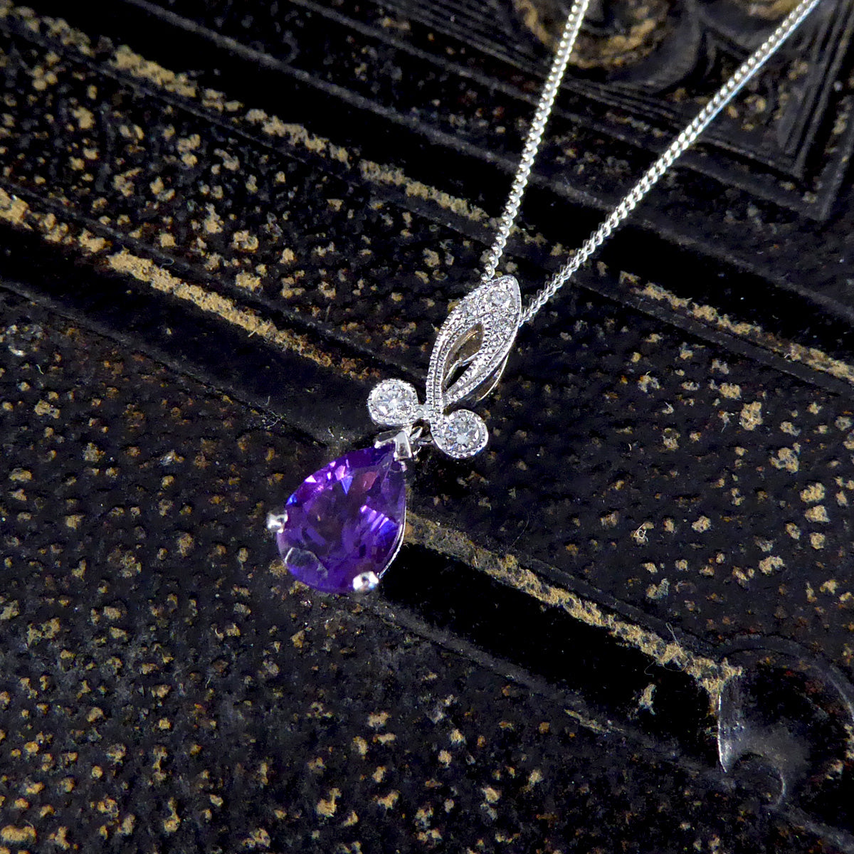 Art Deco Inspired Pear Shaped Amethyst Drop Necklace with Diamonds set in 18ct White Gold - Wharfedale Antiques