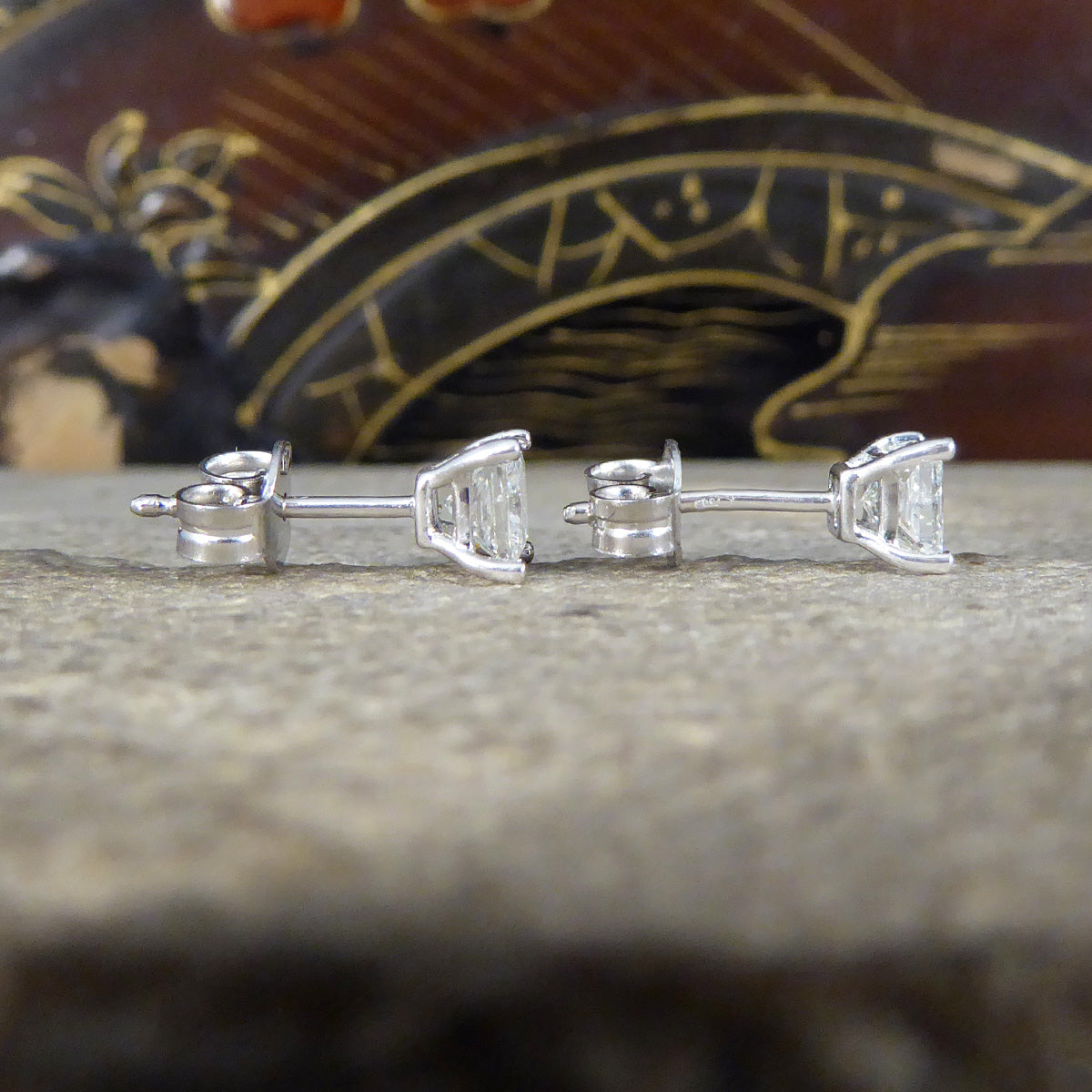 Princess Cut Diamond Stud Earrings Weighing 0.91ct in 18ct White Gold - Wharfedale Antiques