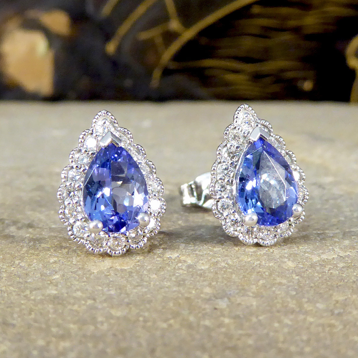 Pear Cut Tanzanite and Diamond Cluster Earrings in White Gold - Wharfedale Antiques